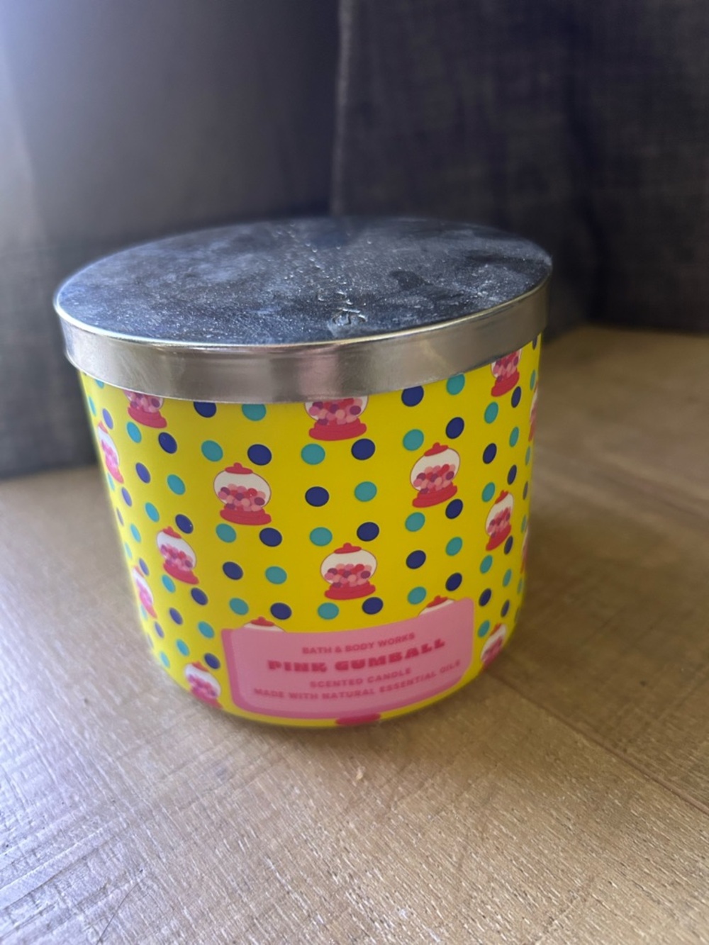 Bath & Body Works Yellow Jar Pink Gumball Pattern Scented Candle